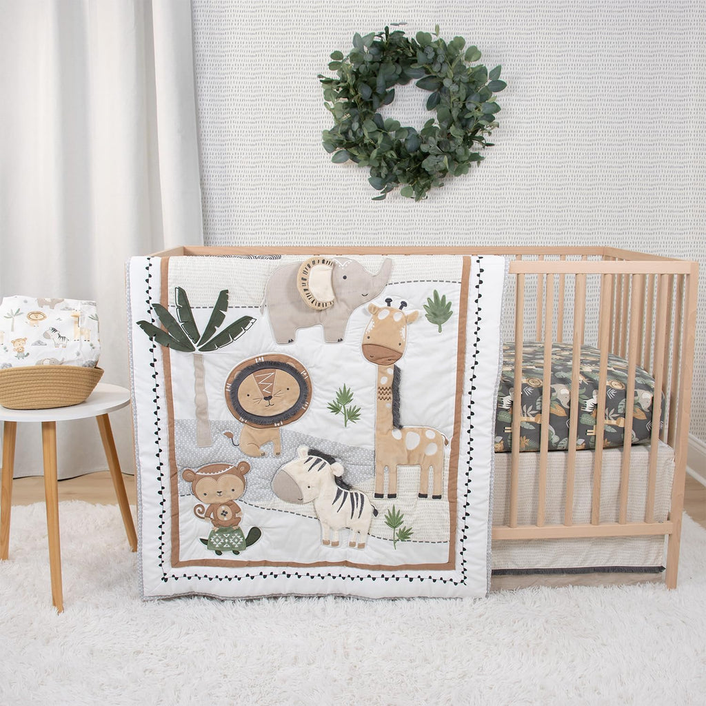 The Peanutshell 4 Piece Organic Cotton Baby Crib Bedding Set for Boys & Girls - Newborn, Infant & Toddler Nursery Bed Set Decor with Two Crib Sheets, Dust Ruffle Comforter - Safari Serenity