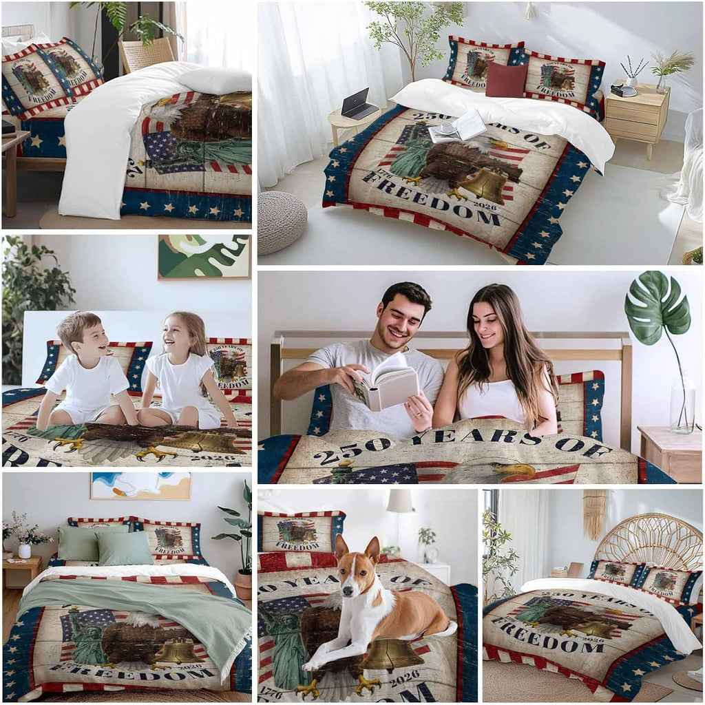 250 Years of Freedom Duvet Cover Set Queen Size 4 Pieces Patriotic Bald Eagle Star Stripe Wooden Bedding Set with Zipper Closure, 1 Comforter Cover 90x92 Inches 1 Flat Sheet & 2 Pillow Cases
