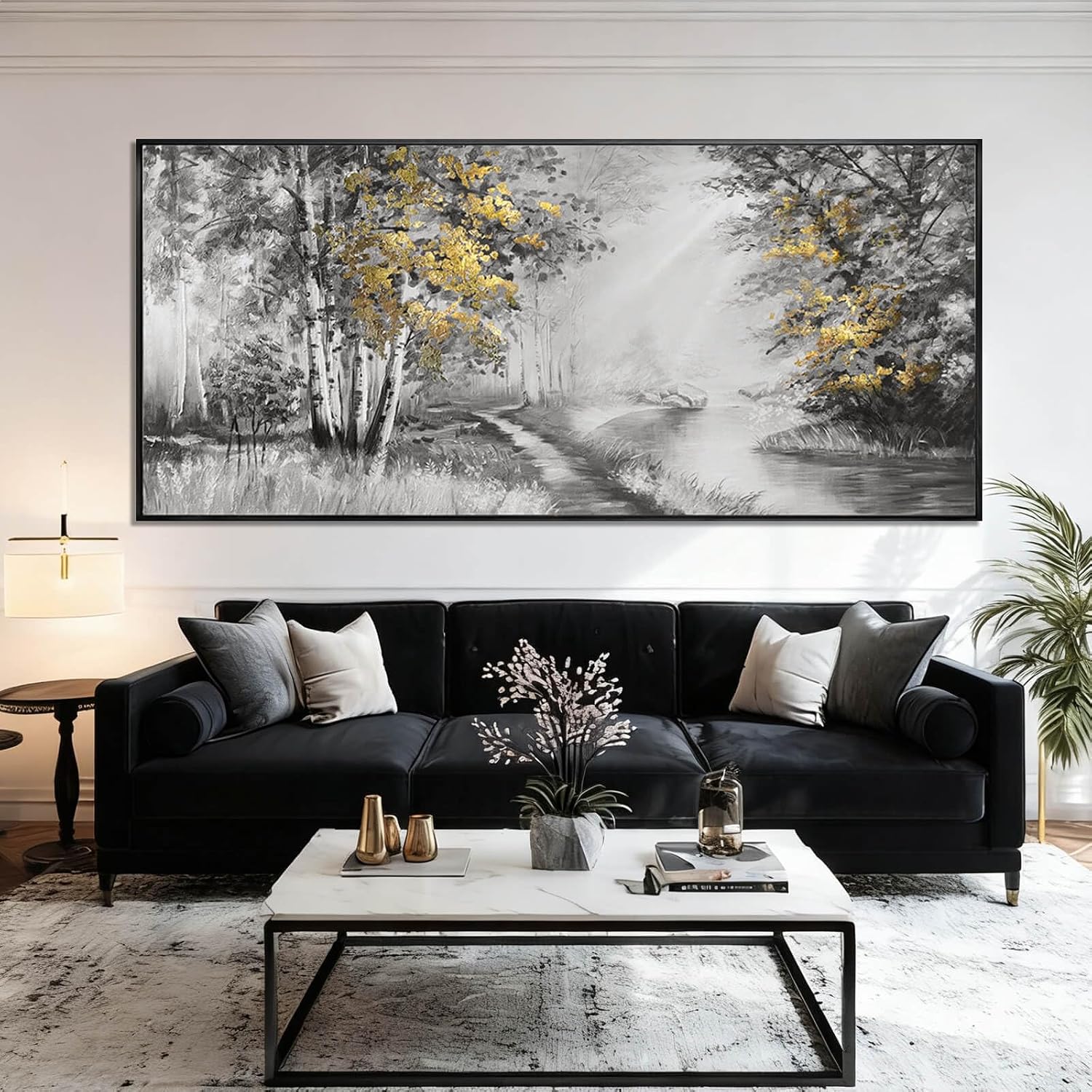 SOUGUAN Grey and Gold Canvas Wall Art Tree Wall Decor Modern Posters 32'x70' Large Decoration Living Room Pictures for Bedroom Office