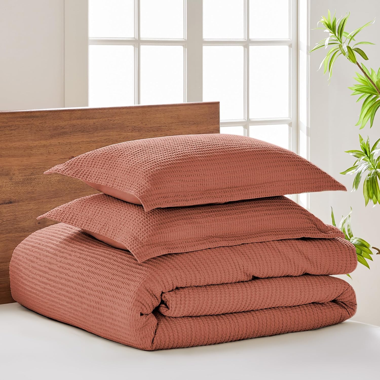 Levtex Home Cloud Waffle Queen Duvet Cover Set (90x94in) with 2 Pillow Shams (26x20in) - Solid Waffle Cotton Texture - Adobe - 100% Cotton Queen Size Duvet Cover Set - Soft, Pre-Washed