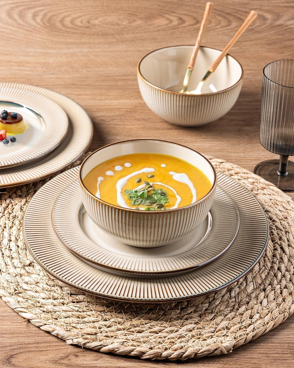 GBHOME Ceramic Dinnerware Sets, 24 pcs Embossed Elegant Stoneware Plates and Bowls Sets, Housewarming Wedding Gift | Dishwasher & Microwave Safe | Dishes Set Service for 8