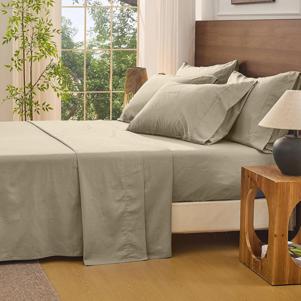 Bedlifes 100% French Linen Sheets Queen Size 18-24'Extra Deep Pocket 4-Piece Set Breathable & Moisture-Wicking,Soft & Durable Sheets for Thick Mattresses(Taupe)