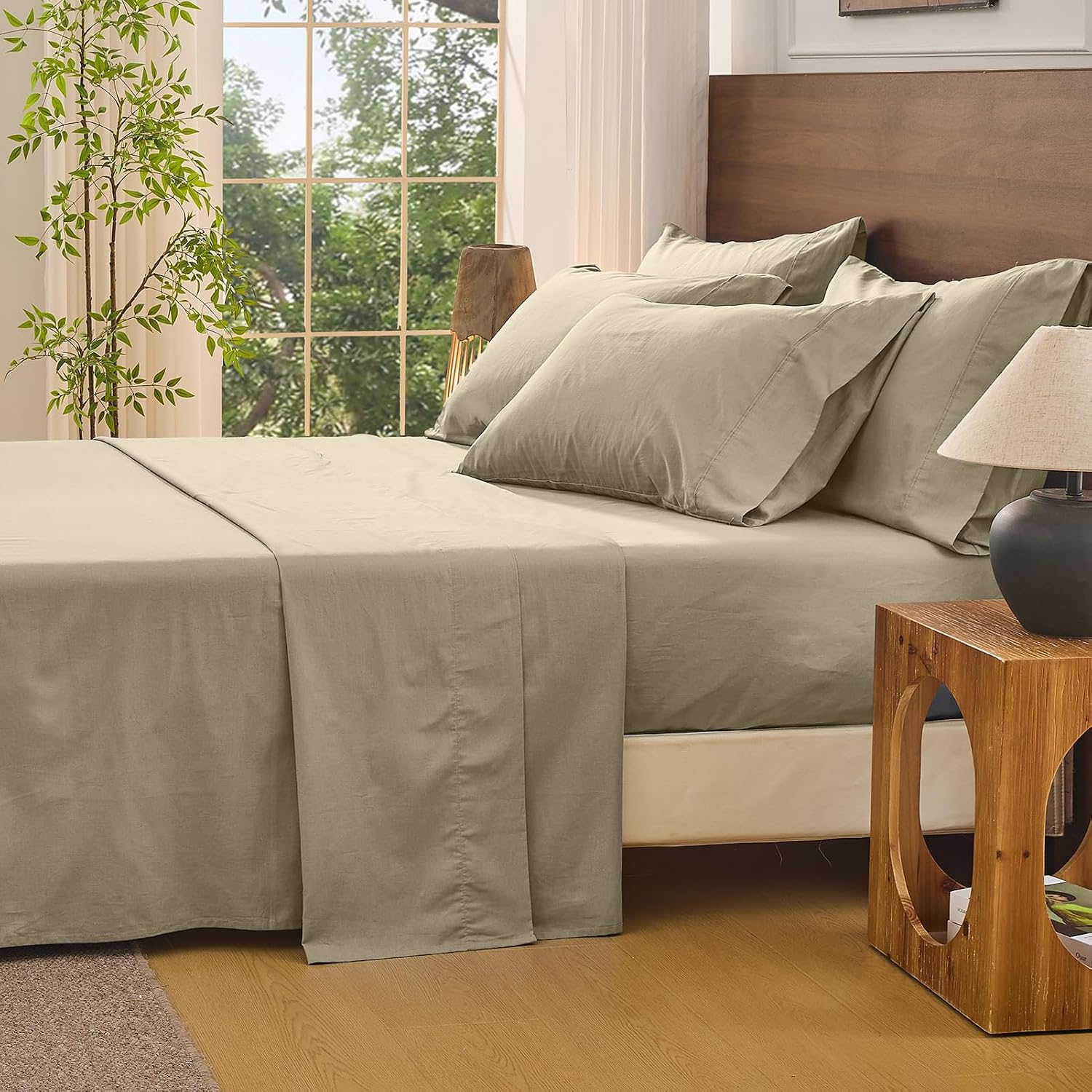 Bedlifes 100% French Linen Sheets Queen Size 18-24'Extra Deep Pocket 4-Piece Set Breathable & Moisture-Wicking,Soft & Durable Sheets for Thick Mattresses(Taupe)