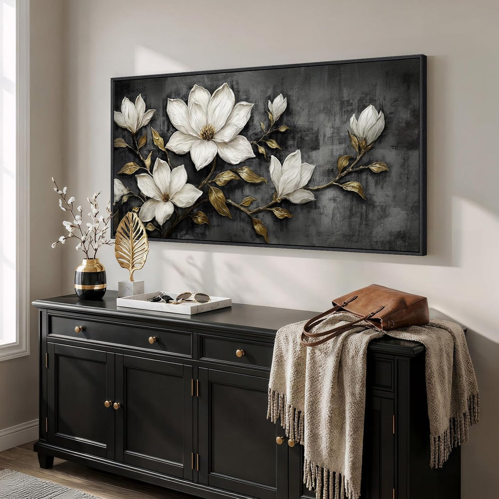 Large Framed Black and White Botanical Wall Art for Living Room, Modern Magnolia Floral Canvas Prints Paintings, Elegant Flower with Gold Leaves Pictures for Dining Room Office Wall Decor, 60x30 Inch