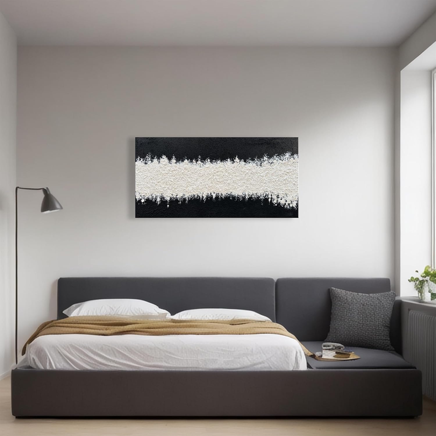 Art Hand-Painted Black and White Wall Art Textured Oil Painting Modern Abstract Art Minimalist Art Painter Home Wall Decoration 24x48 inches