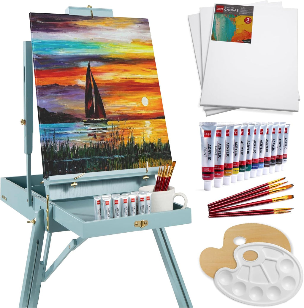 Best Choice Products Art Easel for Painting, Portable Wooden Adjustable Artist Tripod with Sketch Box, 32-Piece Art Set with Acrylic Paints, Brushes, Canvases & Palette - Blue