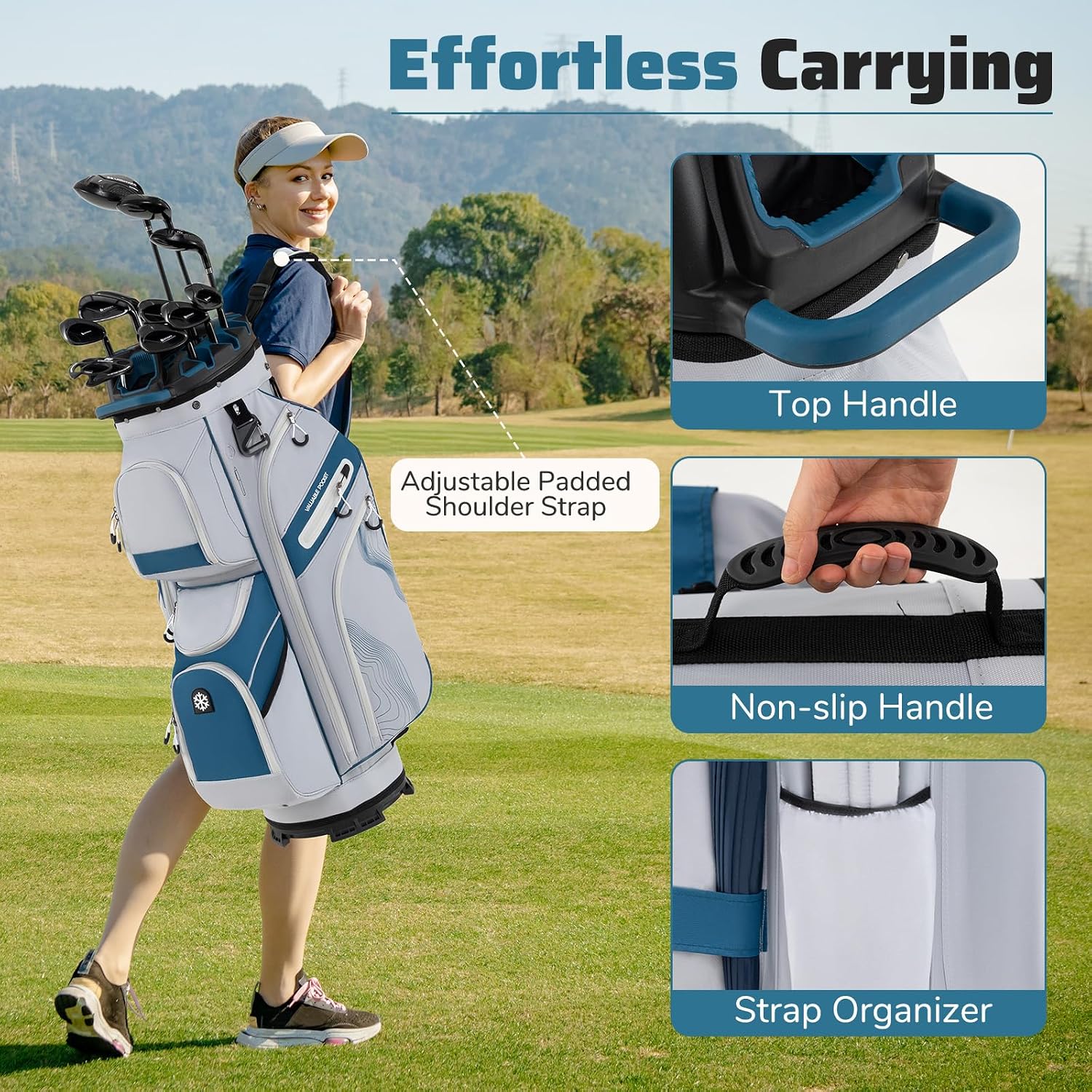 Goplus Lightweight Golf Cart Bag, Molded Lock Top Golf Club Bag w/14-Way Full Length Organizer Dividers, 11 Pockets, Cooler Bag, Straps, Umbrella Holder & Rain Hood for Men Women