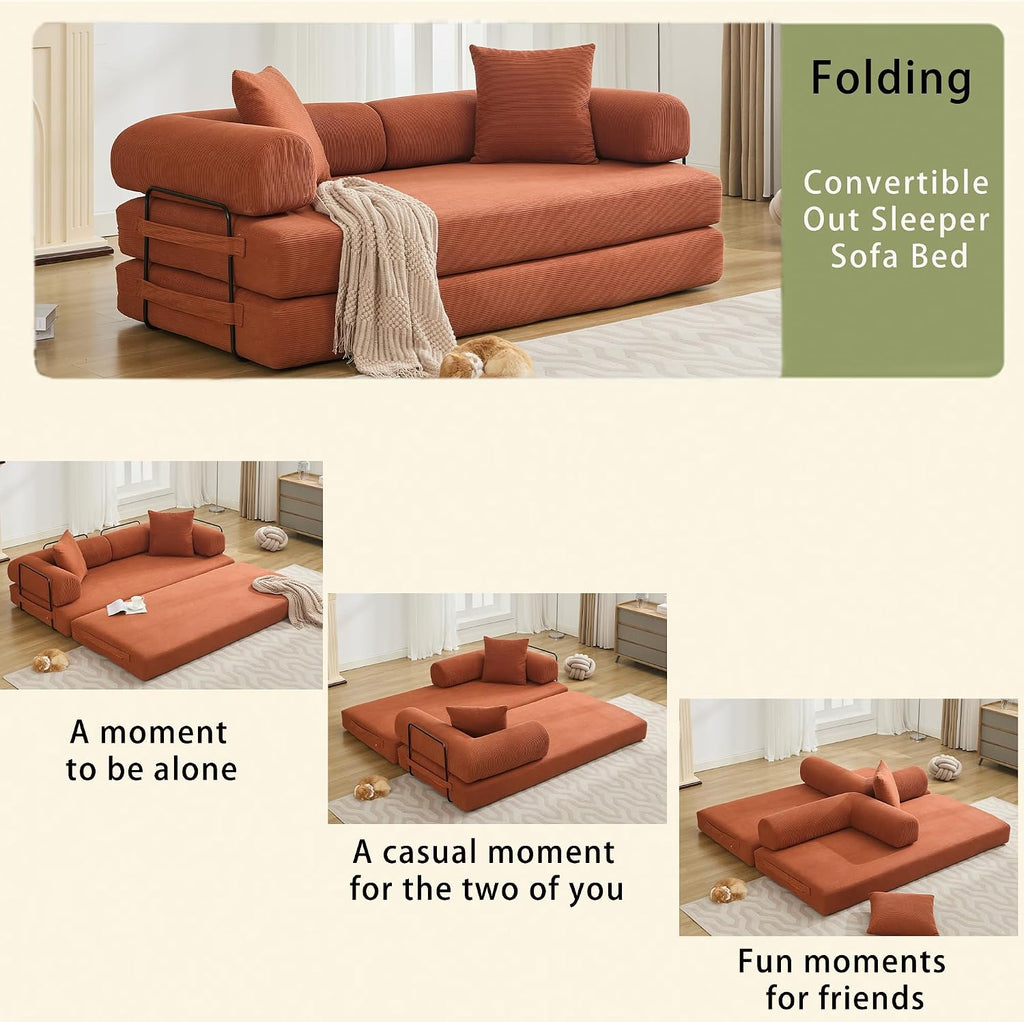 WILLIAMSPACE 78.5' Modern Loveseat Sofa Fold-Out Sofa Bed, Convertible Chair Floor Couch with Removable Backrest, Comfy King Size Sofa Bed for Living Room, Bedroom, Corduroy Fabric (Orange)