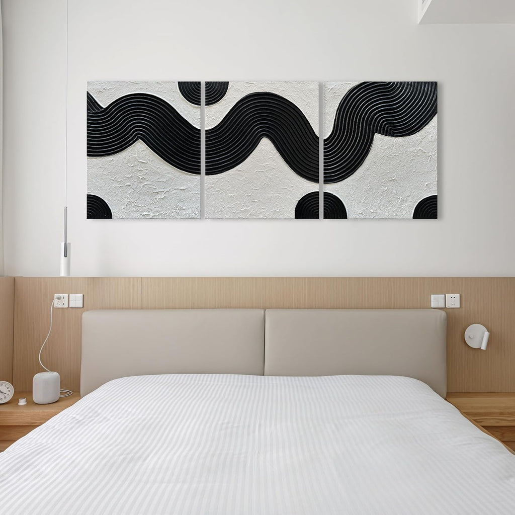 NANKAI Art Hand-Painted Abstract Oil Painting in Black and White Texture Modern Minimalist Art 24x20 Inches x 3,Home Wall Decoration Oil Painting