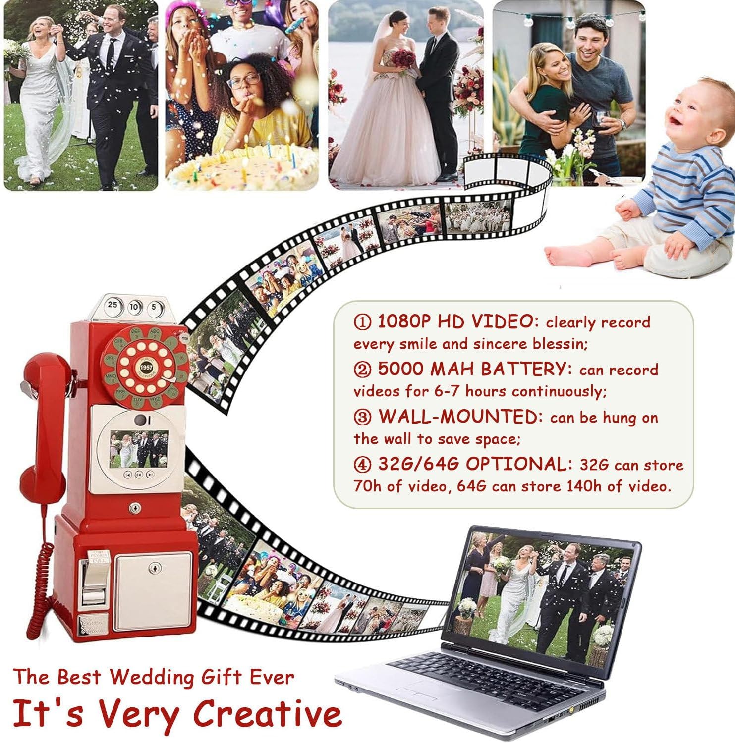 Audio Guest Book Wedding Phone, Audio Video Guestbook Phone Wedding Guest Booth, Customized Message, Can Record for 6-7 Hours, Party Friend Blessing Voice Video Message,Black-64GB