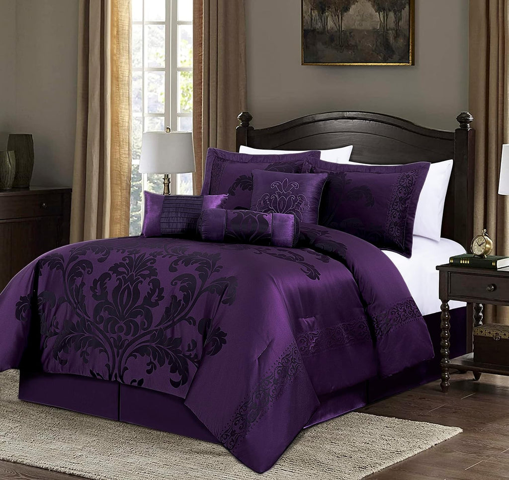 Chezmoi Collection Royale 7-Piece Jacquard Floral Comforter Set, Oversized Queen, Purple/Dark Purple