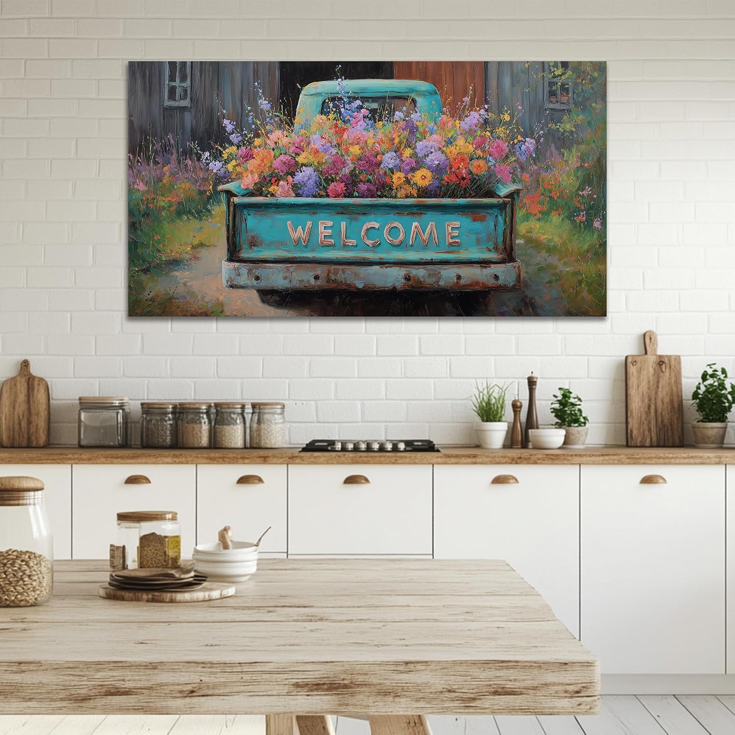 TIMUBA Country Farmhouse Truck Wall Art, Spring Farmhouse Canvas Art Prints, Welcome Sign Blue Retro Truck Pictures Wall Decor, Colorful Rustic Spring Flower Painting Artwork for Bedroom 60x30 Inches