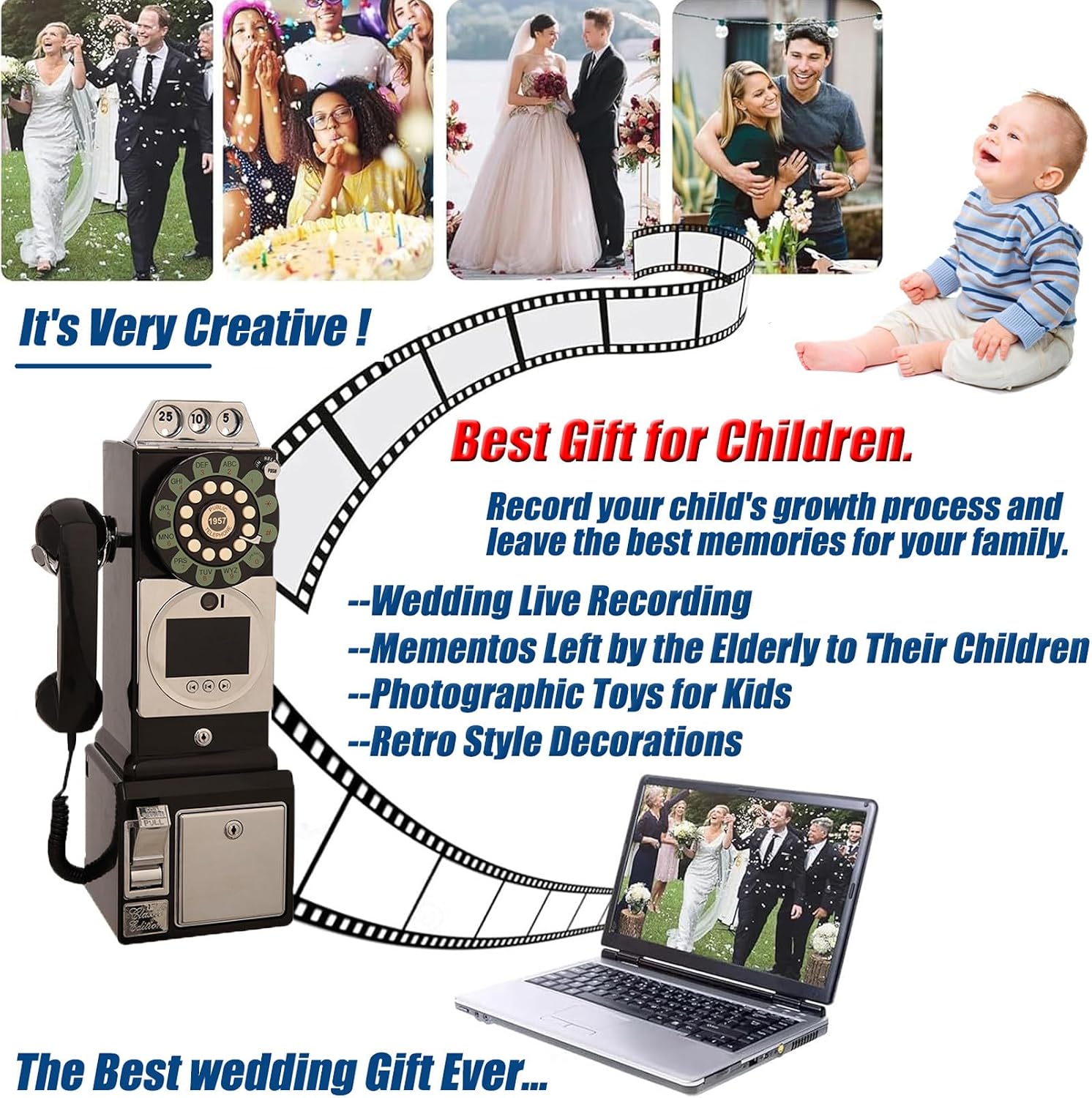 1080p Video Guestbook Wedding Phone, 64GB SD Card Customized Video Audio Guest Book with Lens Recording, Antique Telephone Ornament for a Variety of Memorable Party Occasions Black