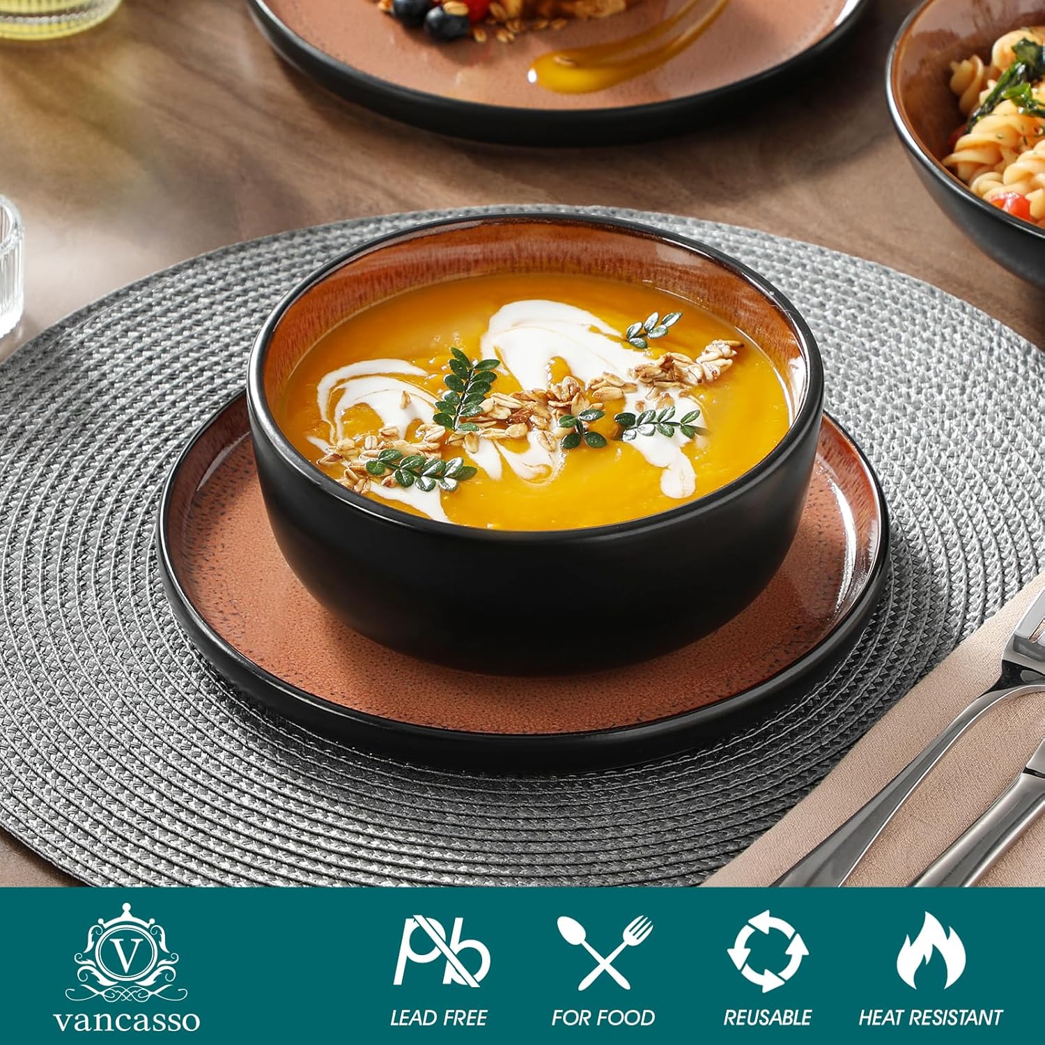 vancasso Plates and Bowls Sets, 24 Pieces Stoneware Dinnerware Sets for 8, Kitchen Dish Set Mircowave and Dishwasher Safe Ceramic Dishware, Dark Brown, Series AMBER