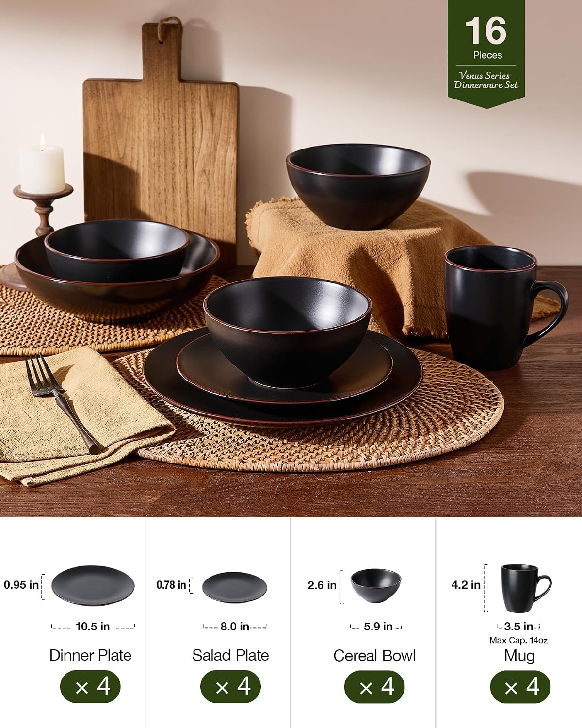 Famiware Venus 16-Piece Stoneware Dinnerware Sets with Mugs, Plates, Bowls, Service for 4, Matte Black - Modern Ceramic Chip‑Resistant Dishes for Everyday & Formal Use, Microwave & Dishwasher Safe