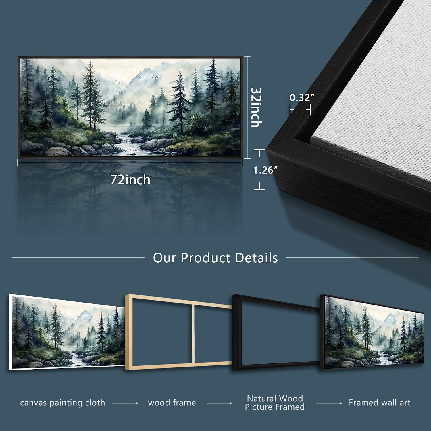 ZUITINGHUA Black Framed Canvas Wall Art For Living Room Large Wall Decor For Office Bedroom Decoration Misty Forest Picture Tree landscape Paintings Artwork Wall Mural Aesthetic Home Decor 32x72 In