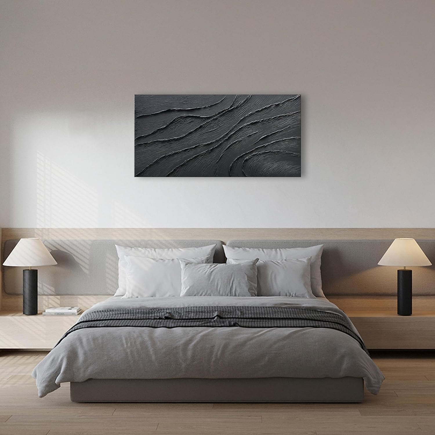 NANKAI Art Thick Texture Black Minimalist Oil Painting, 24x48 Inches, Contemporary Art, Home Office Wall Decoration