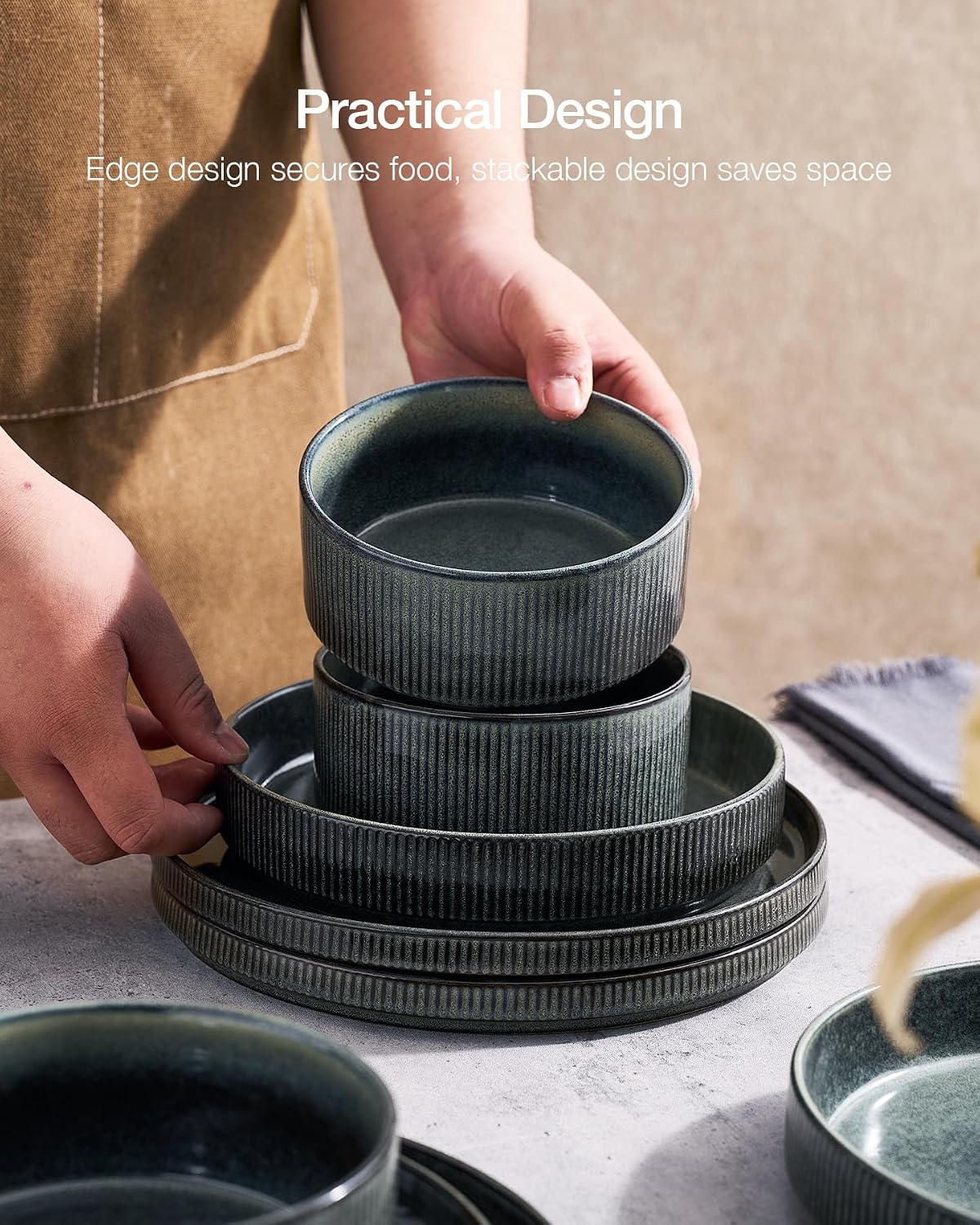 Famiware Star 16-Piece Stoneware Dinnerware Sets, Service for 4 - Shallow Pasta Bowls & Flat Plates, Modern Rustic Reactive Glaze Dishes, Chip/Scratch Resistant, Microwave/Dishwasher Safe, Deep Forest