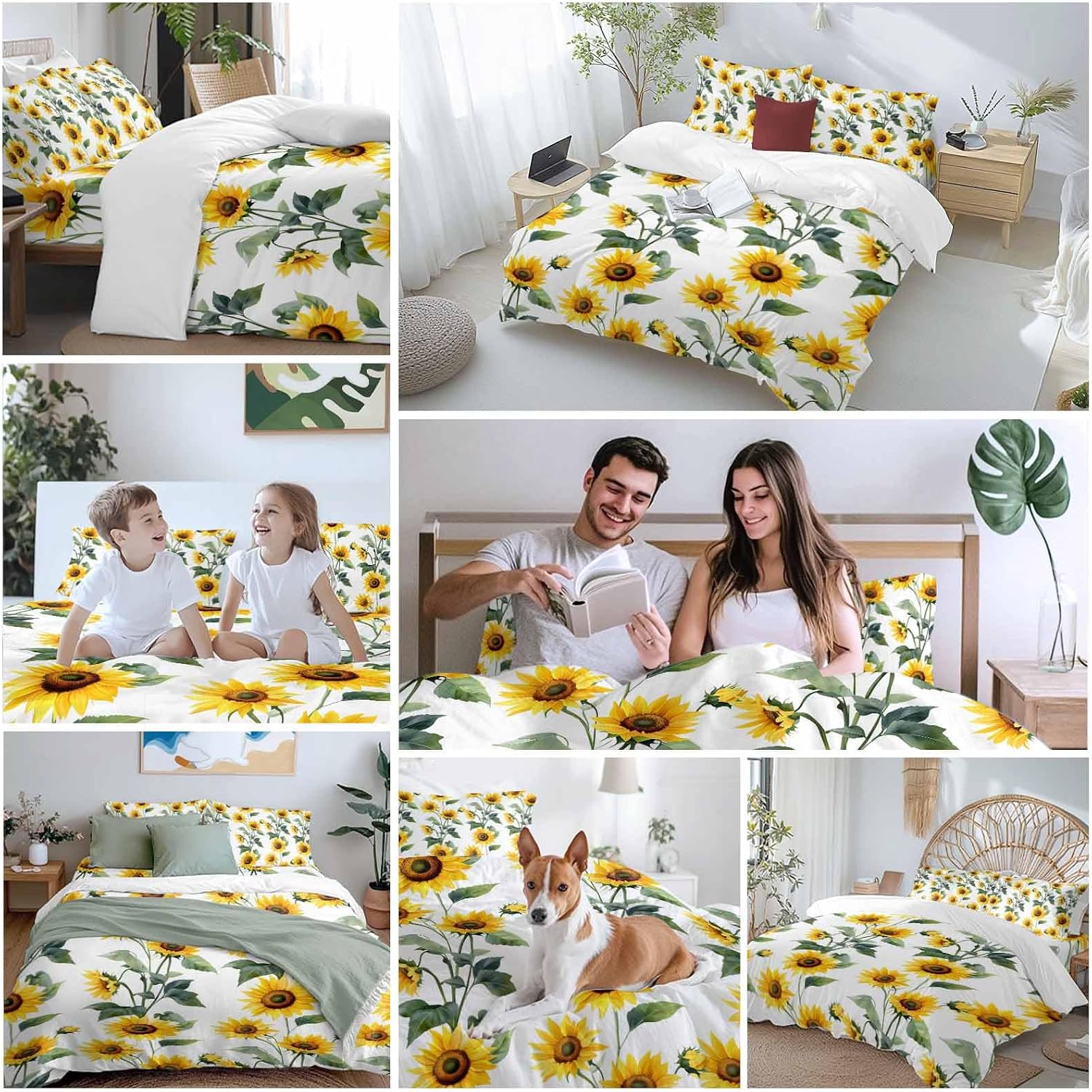Prime Leader Summer Sunflowers Duvet Cover Set Queen Size 4 Pieces Watercolor Floral White Bedding Set with Zipper Closure, 1 Comforter Cover 90x92 Inches 1 Flat Sheet & 2 Pillow Cases