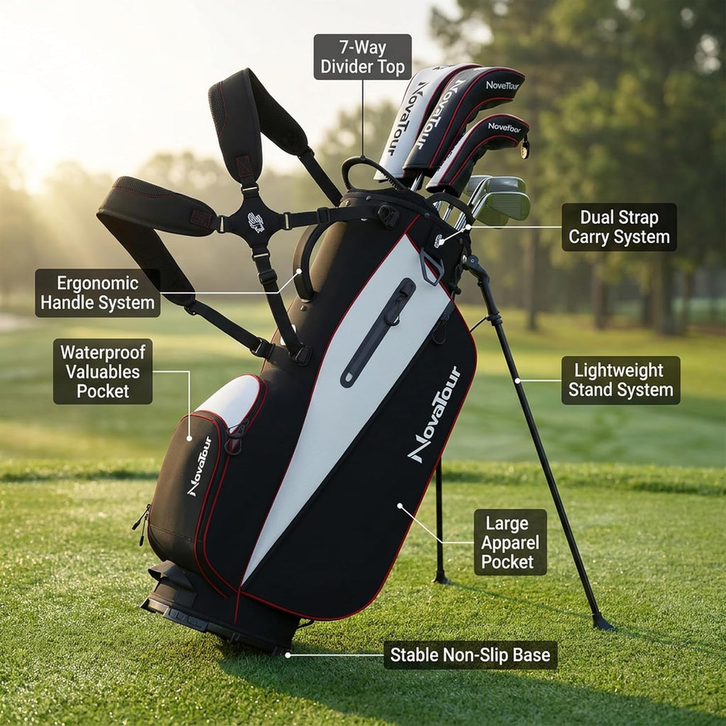 Golf Stand Bag - Lightweight Golf Bag with Stand and 7 Way Dividers, Dual Strap, Waterproof Pocket, Insulated Sleeve, Easy-Lift Handles and Swing-Cam Holder