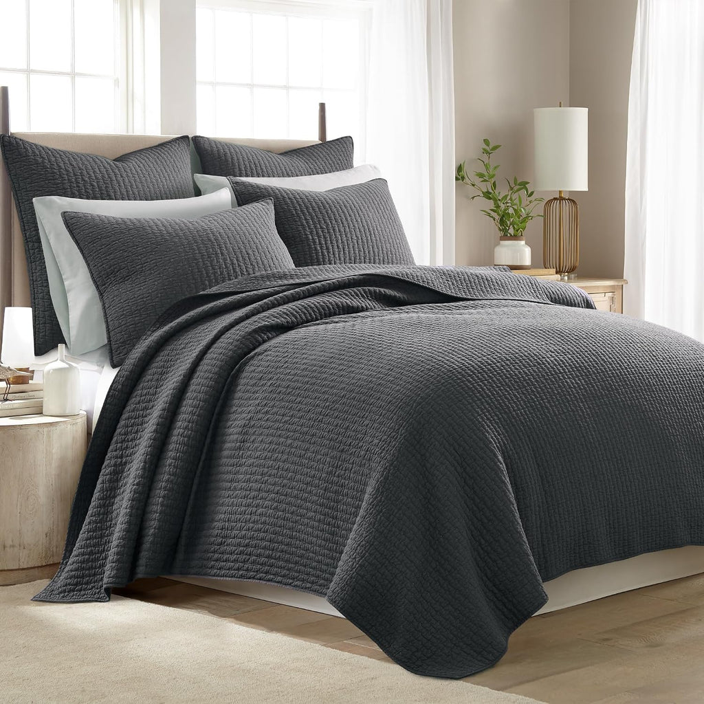 Levtex Home Cross Stitch Reversible Full/Queen Quilt Set (88x92in) with 2 Pillow Shams (26x20in) - Stitch Texture - Charcoal - Cotton Full/Queen Size Quilt Bedding Set - Lightweight, Soft, Pre-Washed