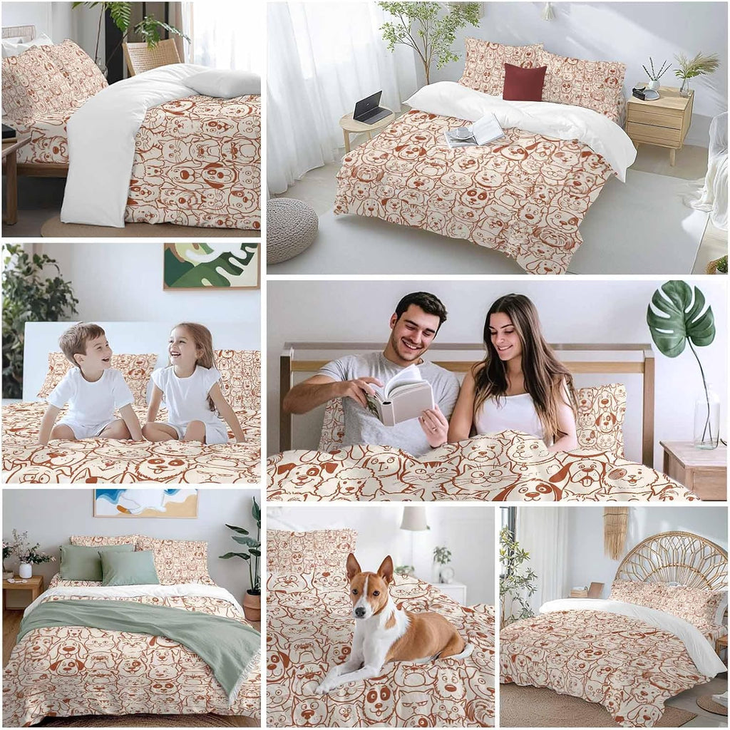 Cartoon Cat Duvet Cover Set Queen Size 4 Pieces Cute Dog Vintage Brown Line Animal Abstract Puppy Bedding Set with Zipper Closure, 1 Comforter Cover 90x92 Inches 1 Flat Sheet & 2 Pillow Cases