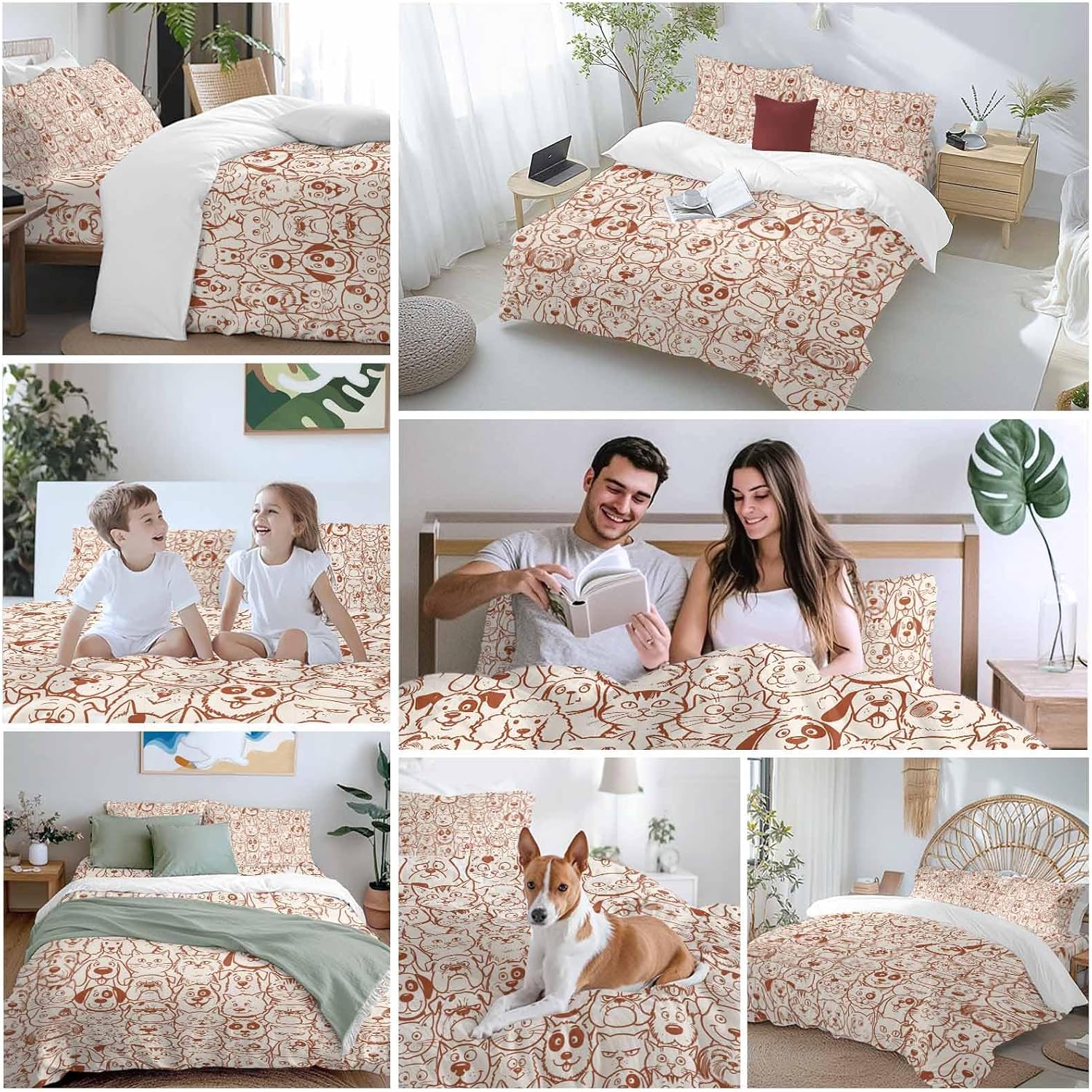 Cartoon Cat Duvet Cover Set Queen Size 4 Pieces Cute Dog Vintage Brown Line Animal Abstract Puppy Bedding Set with Zipper Closure, 1 Comforter Cover 90x92 Inches 1 Flat Sheet & 2 Pillow Cases