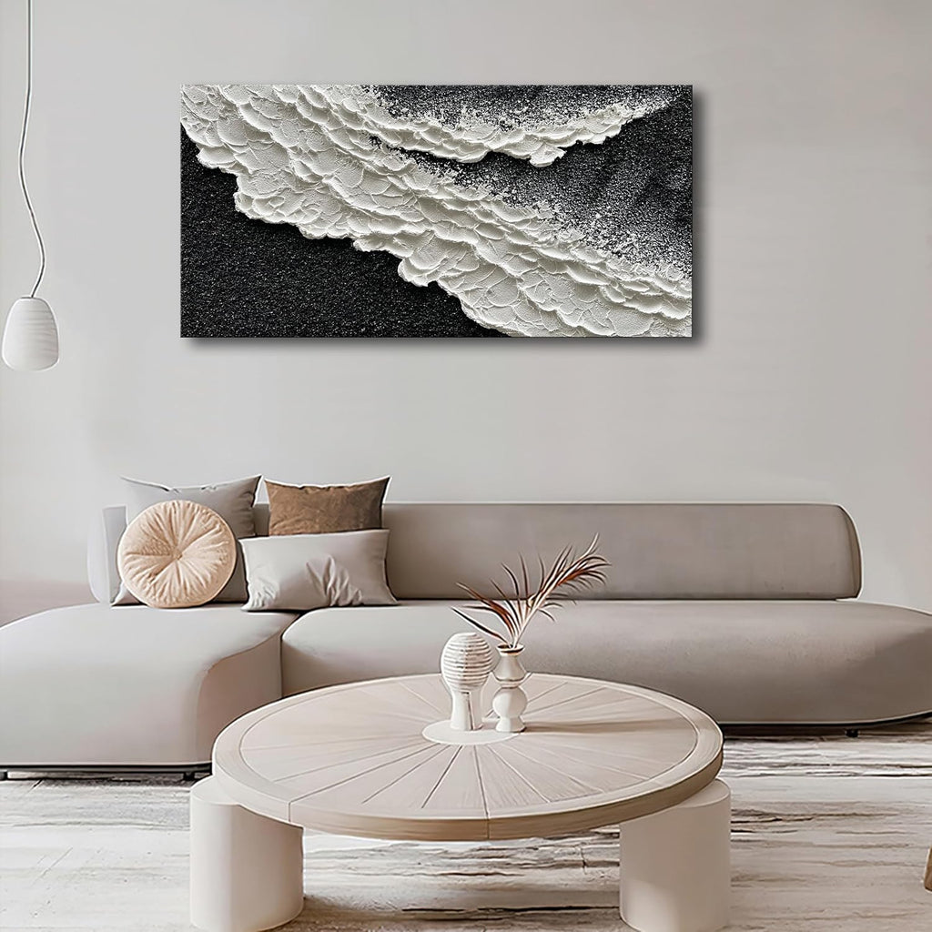 NANKAI 24x48 Inch Hand Painted 3D Ocean Wave Landscape Oil Painting Black and White Abstract Canvas Art Mural Family Wall Decoration Art