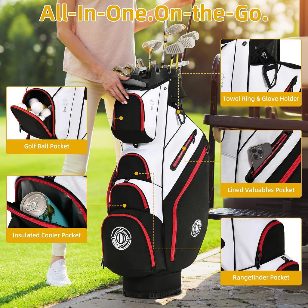Shopsource Golf Cart Bag, 14 Way Molded Lock Top Club Bag with Full-Length Dividers, Upgrade 900D Oxford Silence Cart Bags for Men with Handles Ergonomic Strap, Stable Base