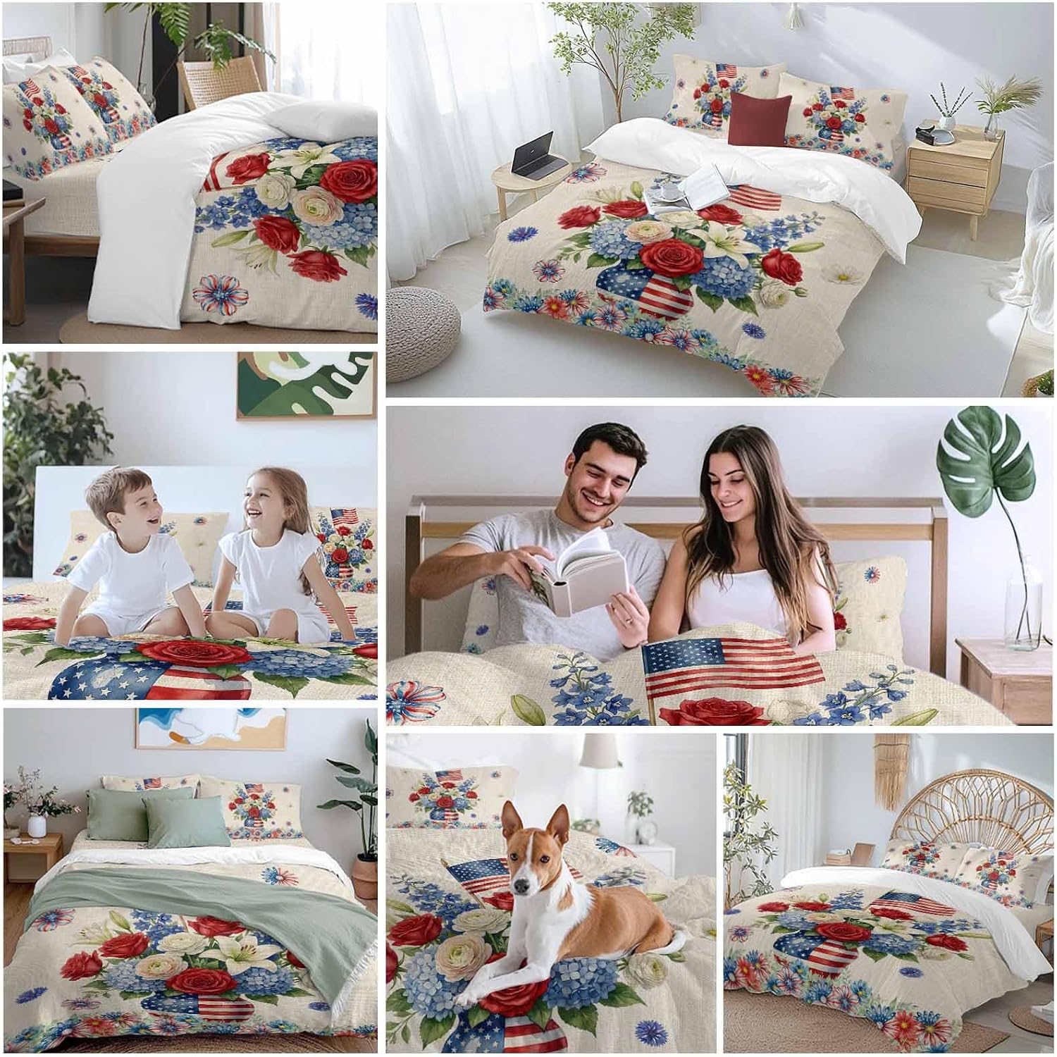 Independence Day Duvet Cover Set Queen Size 4 Pieces Red Blue USA Flag Penang Flower Stars Linen Texture Bedding Set with Zipper Closure, 1 Comforter Cover 90x92 Inches 1 Flat Sheet & 2 Pillow Cases