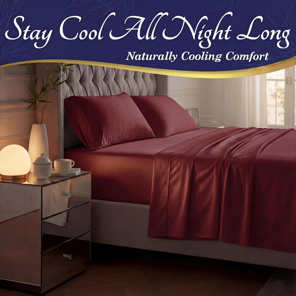 DECOLURE 100% Viscose Derived from Bamboo Sheets Queen Size - Luxury 4 Pc Naturally Cooling Sheets, Ultra Soft Bed Set - Deep 17' Pockets, Durable Double Stitching, Oeko Tex Standard (Burgundy)