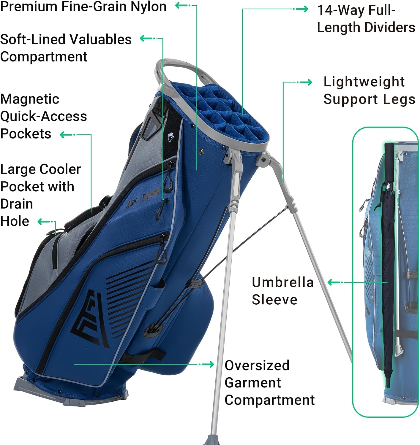 ASK ECHO Golf ST-14 Hybrid Stand Bag with 14 Way Full Length Dividers & Quick Putter Clip