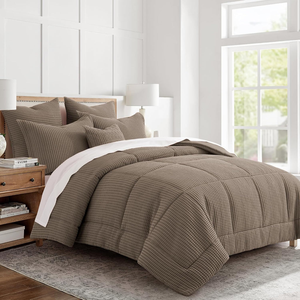 Levtex Home Mills Waffle Full/Queen Comforter Set (90x94in) with 2 Pillow Shams (26x20in) - Latte - 100% Cotton Full/Queen Size Comforter Set - Soft, Pre-Washed