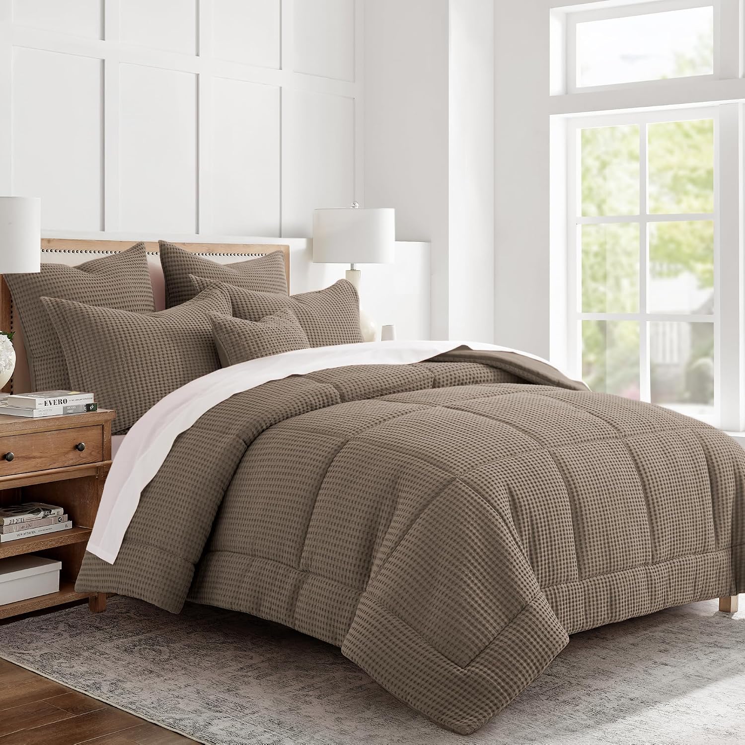Levtex Home Mills Waffle Full/Queen Comforter Set (90x94in) with 2 Pillow Shams (26x20in) - Latte - 100% Cotton Full/Queen Size Comforter Set - Soft, Pre-Washed
