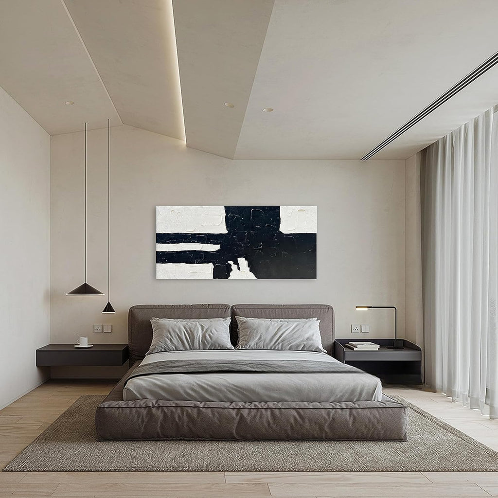 NANKAI Hand-Painted Black and white minimalist style abstract art painting for large-scale wall decoration, 30x60 inches
