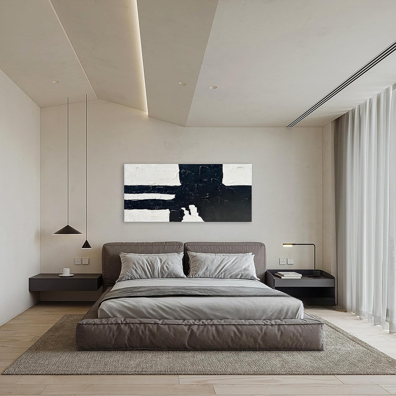 NANKAI Hand-Painted Black and white minimalist style abstract art painting for large-scale wall decoration, 30x60 inches