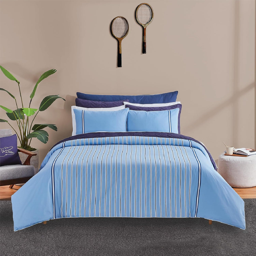 Lacoste Hollis Stripe Comforter Set, 100% Cotton Brushed Twill, Reversible Duvet with Pillow Shams, Soft & Fluffy Hotel-Style Bedding, Blue, King