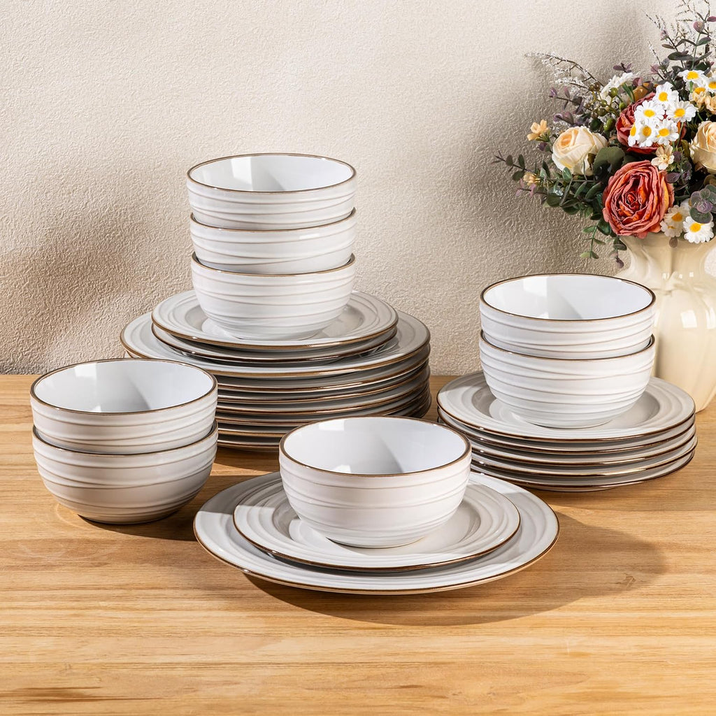 GBHOME Ceramic Dinnerware Sets, 24 pcs Embossed Elegant Stoneware Plates and Bowls Sets, Housewarming Wedding Gift | Dishwasher & Microwave Safe | Dishes Set Service for 8