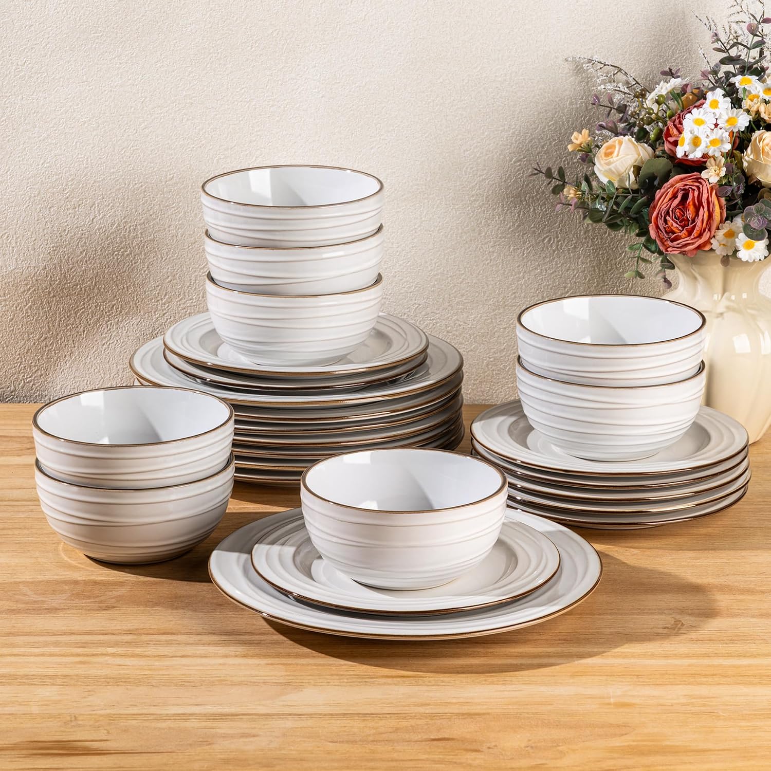 GBHOME Ceramic Dinnerware Sets, 24 pcs Embossed Elegant Stoneware Plates and Bowls Sets, Housewarming Wedding Gift | Dishwasher & Microwave Safe | Dishes Set Service for 8