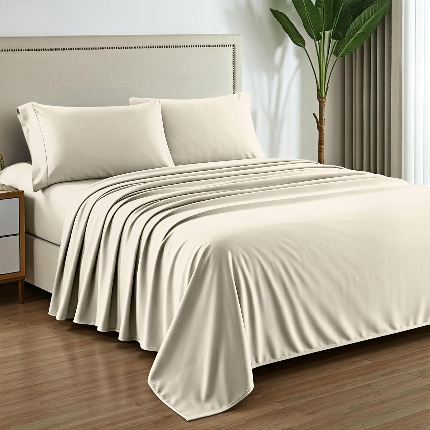 Mayfair Linen 100% Pure Egyptian Cotton Sheet King Size - Luxury 1000 Series Grandiose Collection King Size Sheets Set (4 PC, Ivory), 16' Deep Pocket Sateen Weave Soft Cooling Hotel Bed Sheets Set