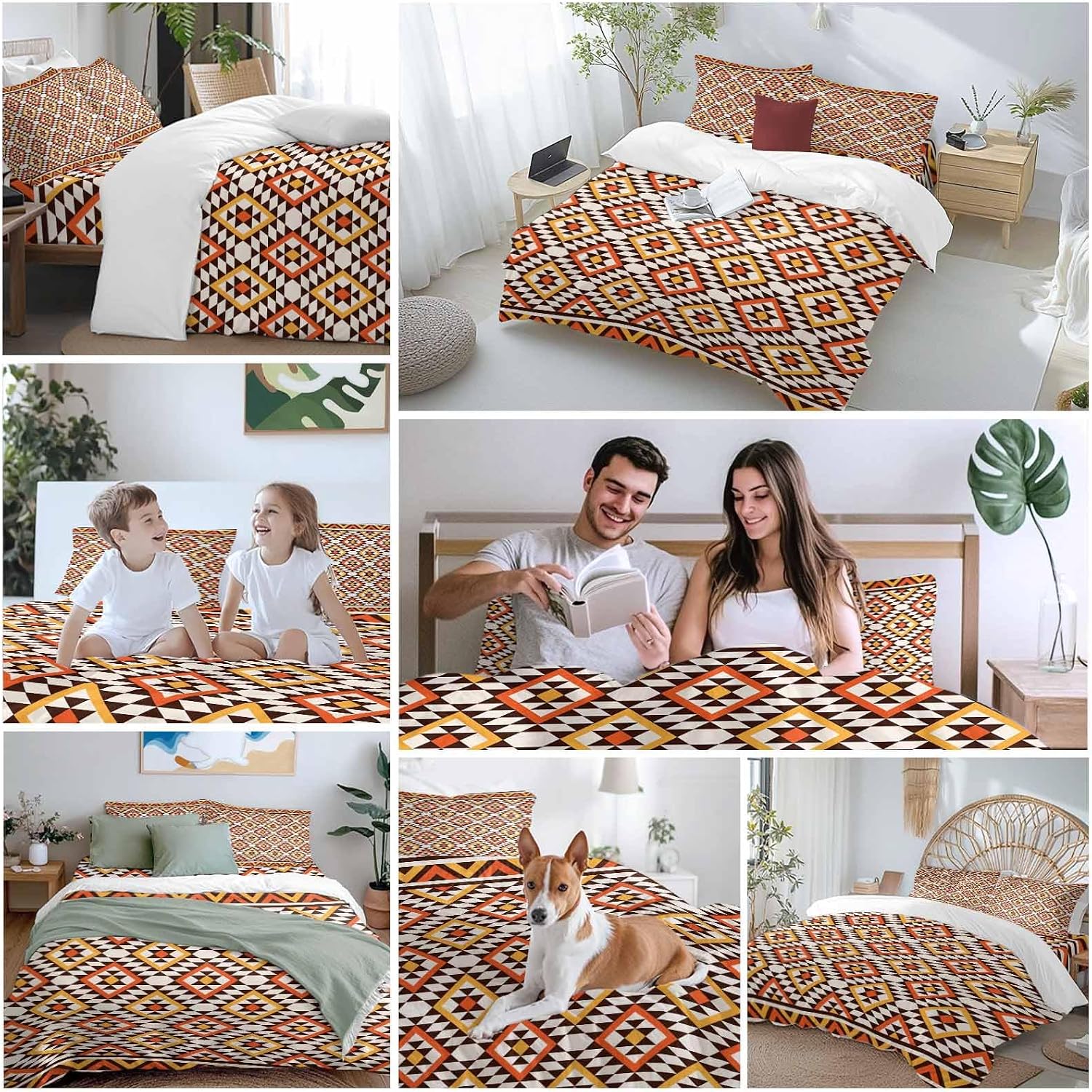 Native Striped Duvet Cover Set Queen Size 4 Pieces Yellow Orange Tribe Geometric Abstract Ethnic Plaid Bedding Set with Zipper Closure, 1 Comforter Cover 92x106 Inches 1 Flat Sheet & 2 Pillow Cases