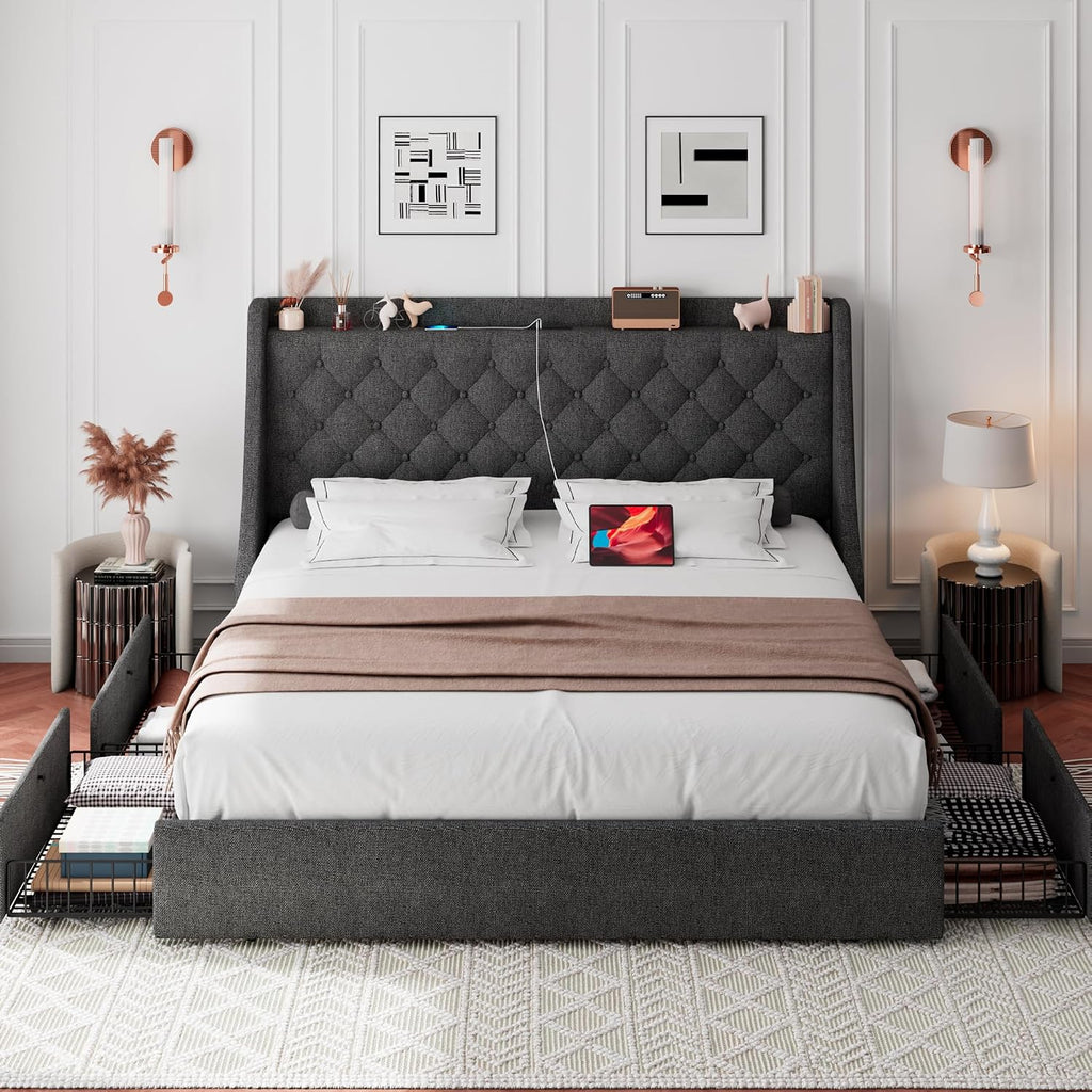 iPormis King Size Bed Frame with 4 Storage Drawers, Upholstered Platform Bed Frame with Type-C & USB Ports, Wingback Storage Headboard, Solid Wood Slats, No Box Spring Needed, Dark Gray
