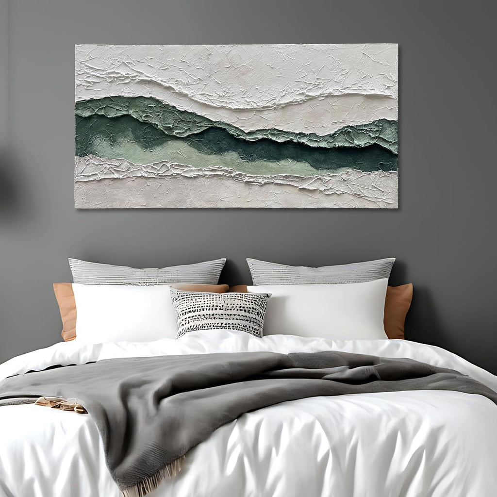Art Hand-Painted White and Green Texture Abstract Oil Painting 24x48-inch Canvas Painting for Home and Office Wall Decoration Art