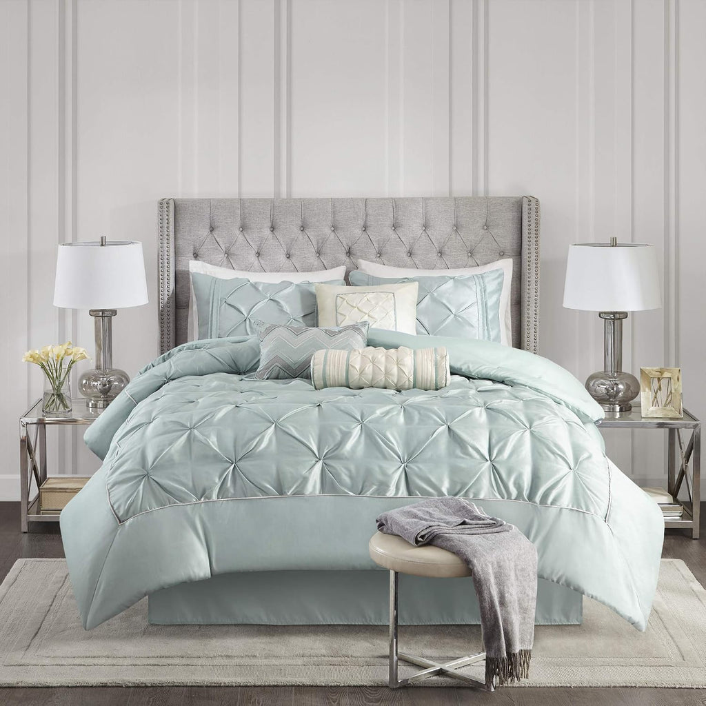 Madison Park Laurel Cal King Size Bed Comforter Set Bed In A Bag - Seafoam , Wrinkle Tufted Pleated – 7 Pieces Bedding Sets – Faux Silk Bedroom Comforters