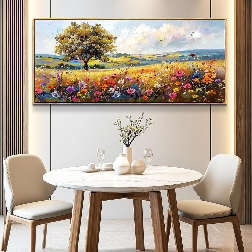 hyidecorart Large Framed Wall Art, Spring Landscape Wall Art, Nature Tree Wildflower Artwork, Colorful Scenery Rustic Painting Canvas Prints, Farmhouse Wall Decor Living Room Bedroom Picture 32x72 In