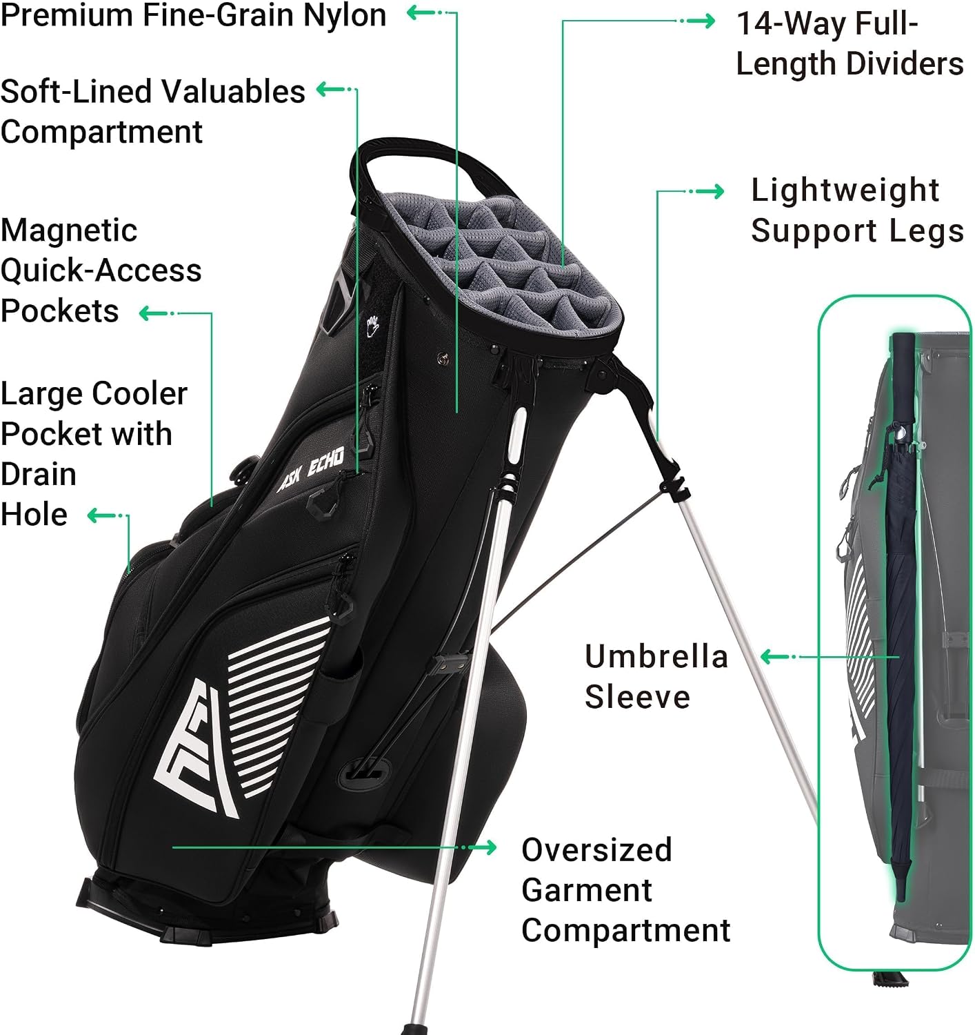 ASK ECHO Golf ST-14 Hybrid Stand Bag with 14 Way Full Length Dividers & Quick Putter Clip