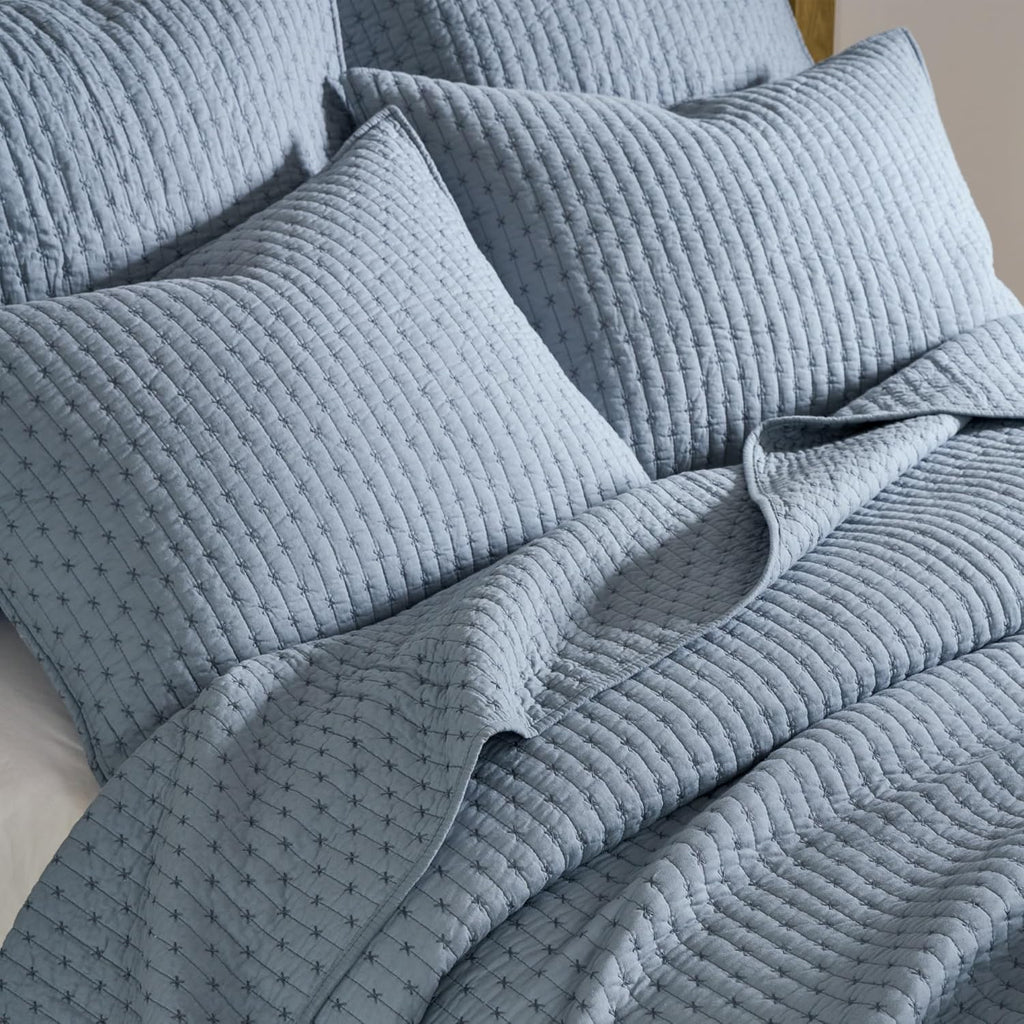 Levtex Home - Cross Stitch Chambray Quilt Set - Full/Queen Quilt + Two Standard Pillow Shams - Cross Stitched Pattern - Quilt Size (88x92in) and Pillow Sham Size (26x20in) - Reversible - Cotton Fabric