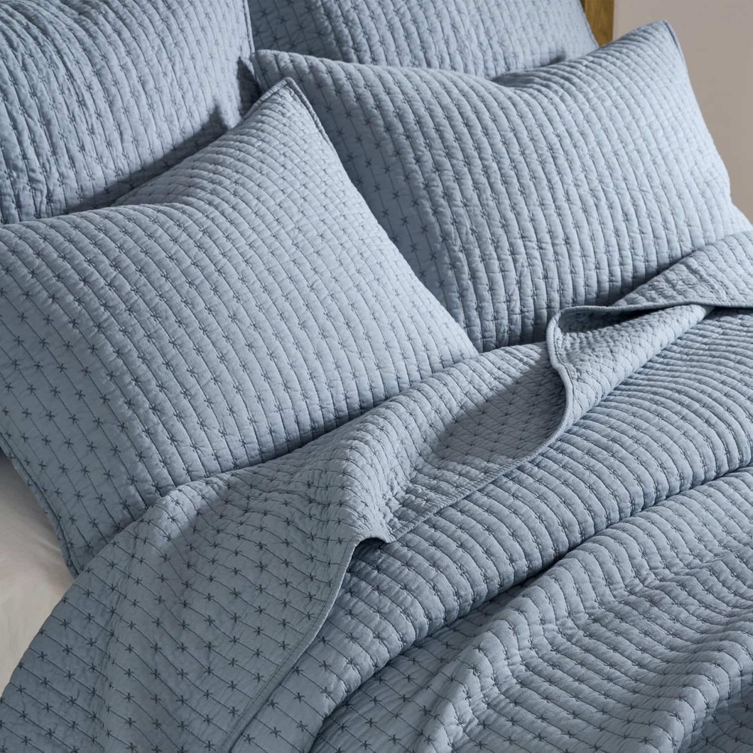 Levtex Home - Cross Stitch Chambray Quilt Set - Full/Queen Quilt + Two Standard Pillow Shams - Cross Stitched Pattern - Quilt Size (88x92in) and Pillow Sham Size (26x20in) - Reversible - Cotton Fabric