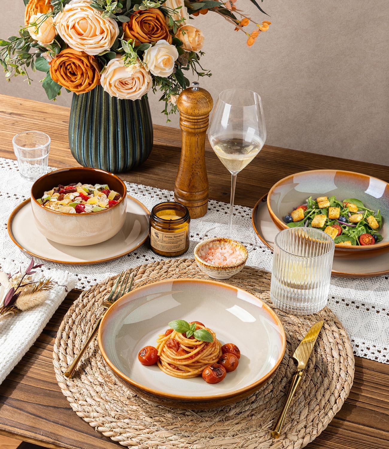 LERATIO Ceramic Dinnerware Sets with Pasta Bowls for 4,Plates and Bowls Sets,Oven &Microwave & Dishwasher Safe,Light Weight & Scratch Resistant Dishes Sets-Service for 4 (16pcs)-Kahki