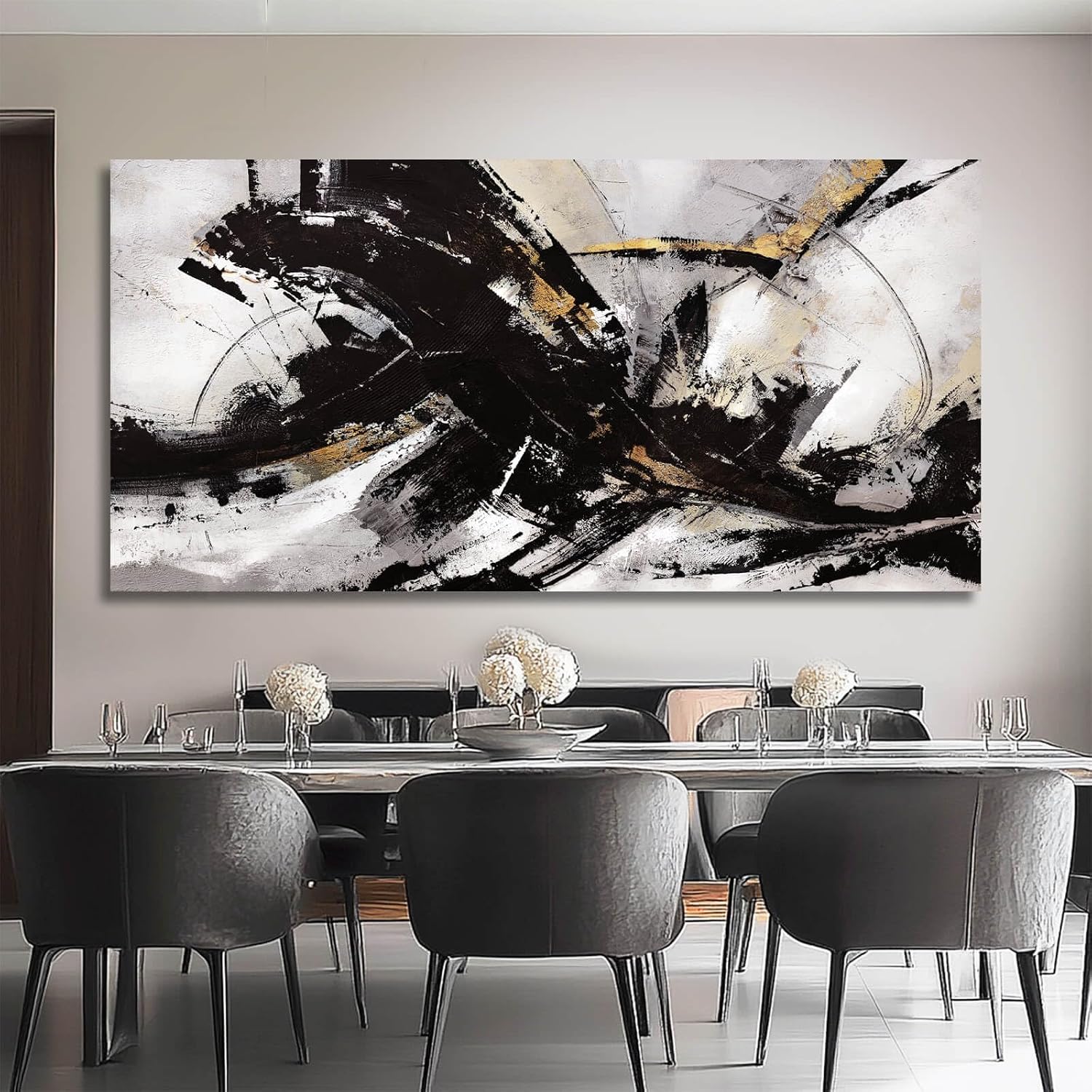 Abstract Wall Art for Living Room Canvas Wall Decor Large Artwork Black And Gold Wall Decorations Black Pictures for Wall 29'x58'